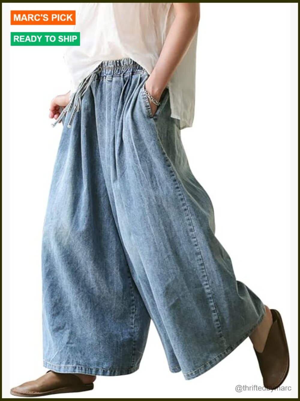 Women's Wide Leg Baggy Jeans Plus Size Elastic Waist Denim Pants Deep Pockets